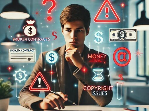 Concerned creative professional at desk with symbols for broken contracts, money loss, and copyright issues, highlighting legal risks and financial dangers.