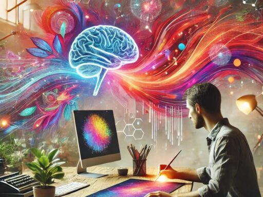 A graphic designer immersed in a creative workspace, blending natural artistic elements with digital AI enhancements on-screen, symbolizing the fusion of human creativity and artificial intelligence.